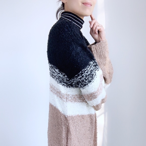 LONG CARDIGAN SWEATER WITH POCKETS - BLACK WHITE TAUPE - Picture 7 of 7